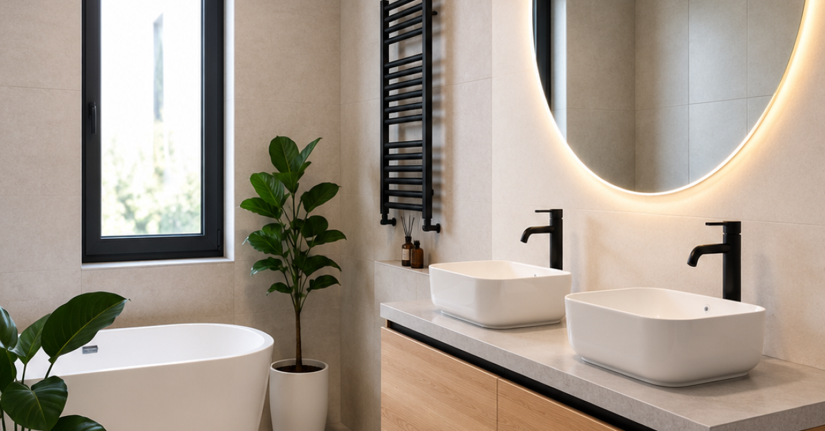 Baño moderno con espejo iluminado